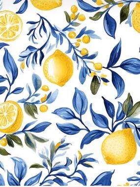 Lemon Blue & White Chinoiserie Botanical Print Fabric 1 Yard Brand New